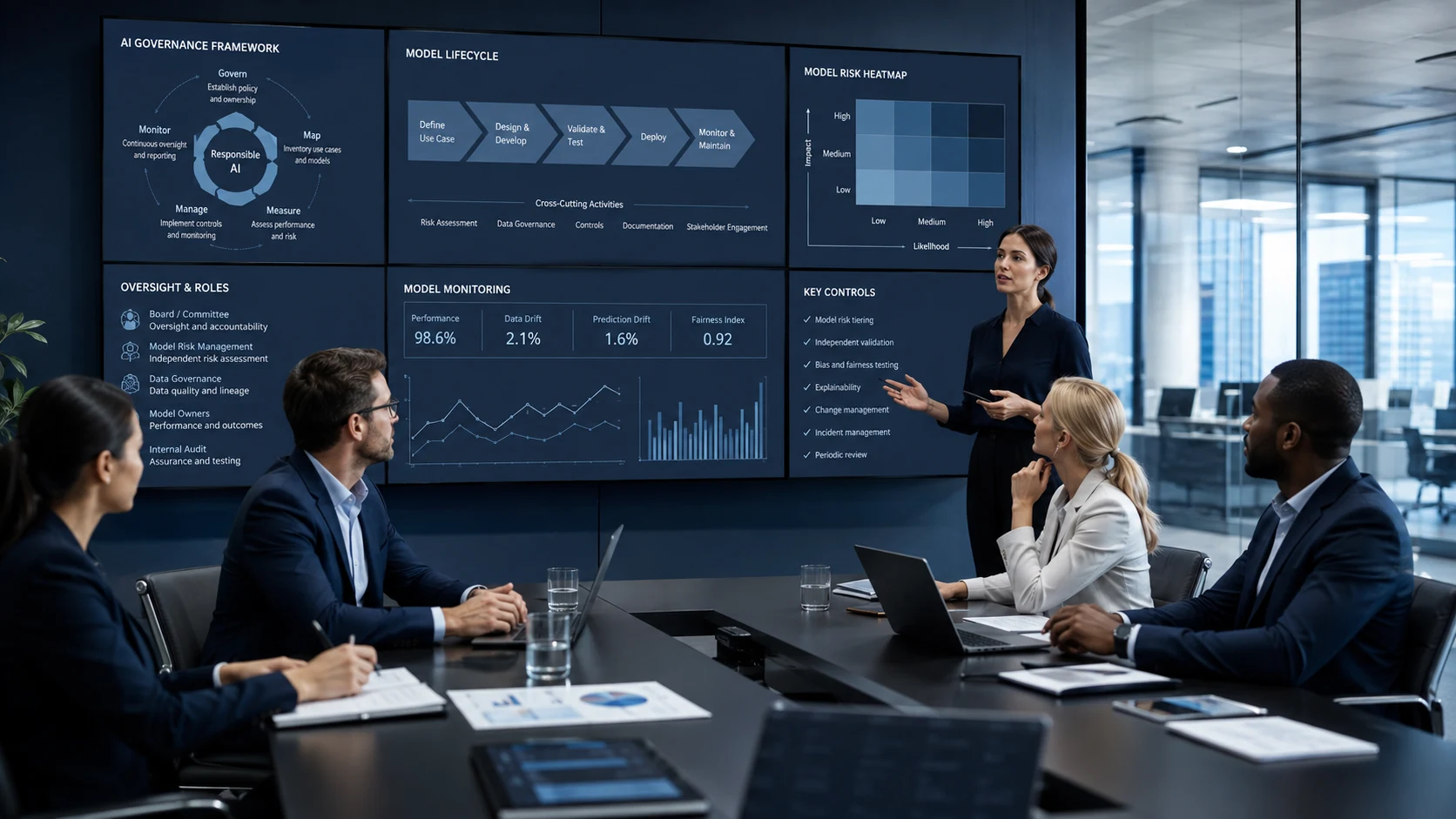 Executive AI governance workshop reviewing model lifecycle, oversight and risk controls