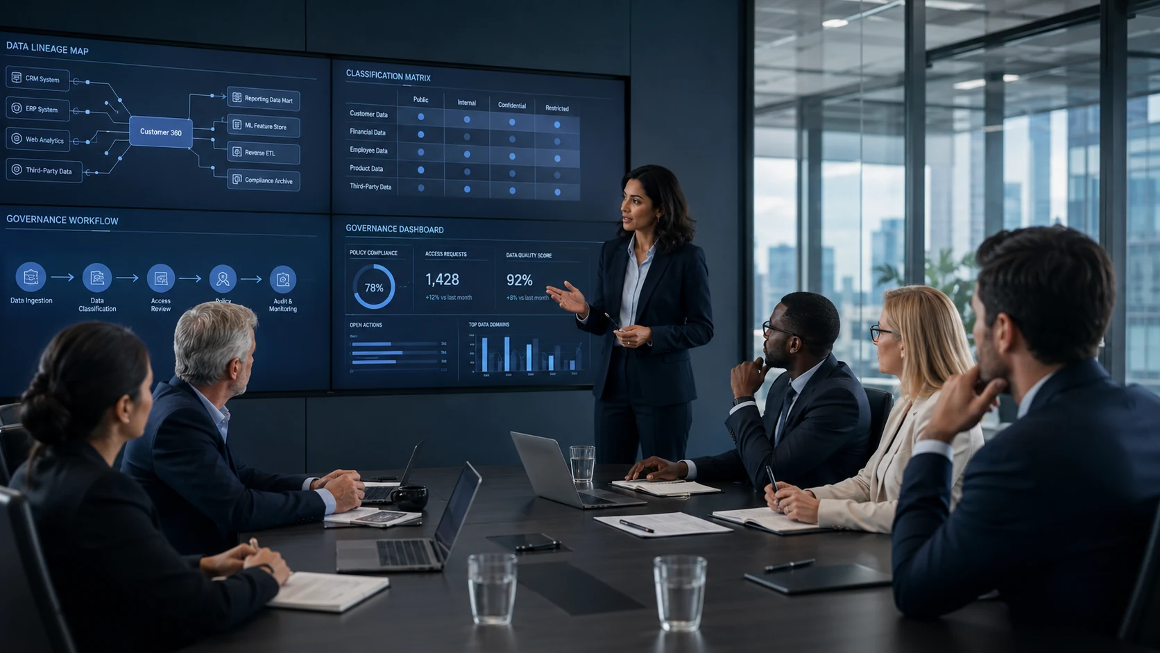 Data governance advisory session reviewing data lineage, classification and governance controls